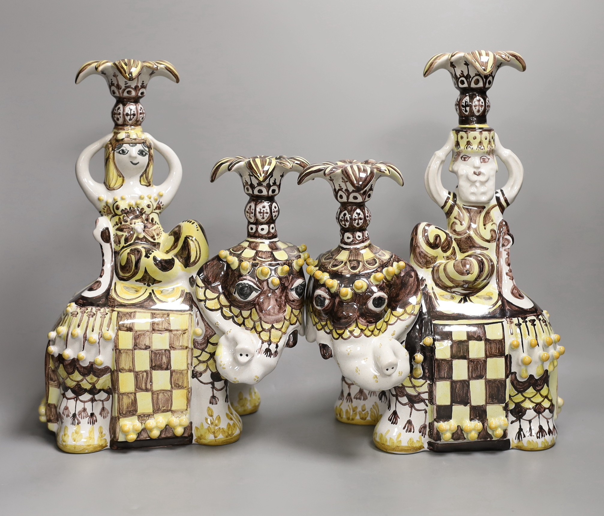 Bjørn Wiinblad for Gustavsberg, a pair of elephant and riders candelabra, marked to base, 34cm tall